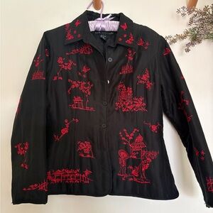Vintage 90s Silk Lined Pagoda Embroidered Art Jacket Black Red Size M